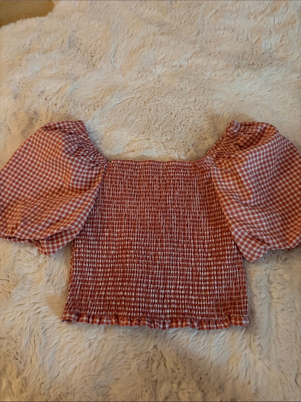 BB Dakota Red Gingham Smocked Off-Shoulder Top